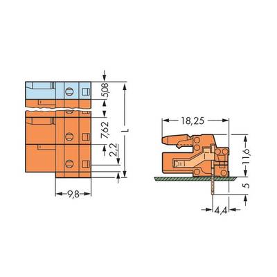 Technical drawing of a component slide clamp connection with precise dimensional specifications in millimetres for height, width, and length.