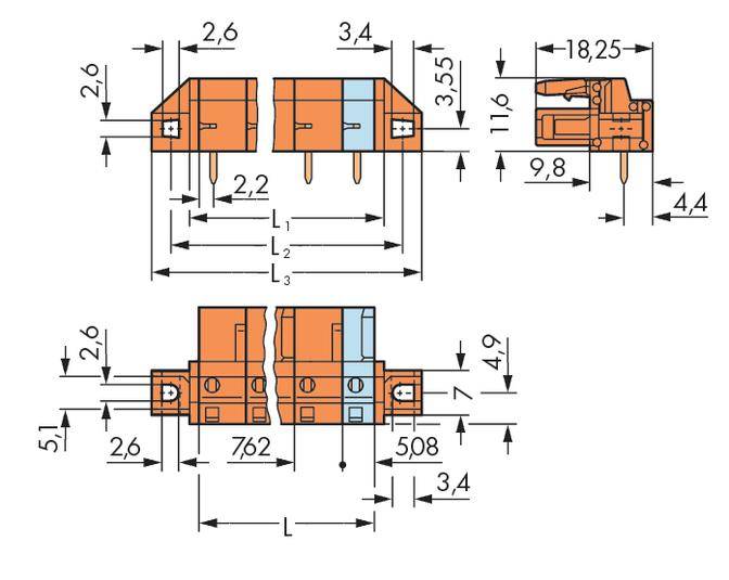 Technical drawing of a connector with detailed dimensional specifications in millimetres. Shows side and top view, with key dimensions highlighted.