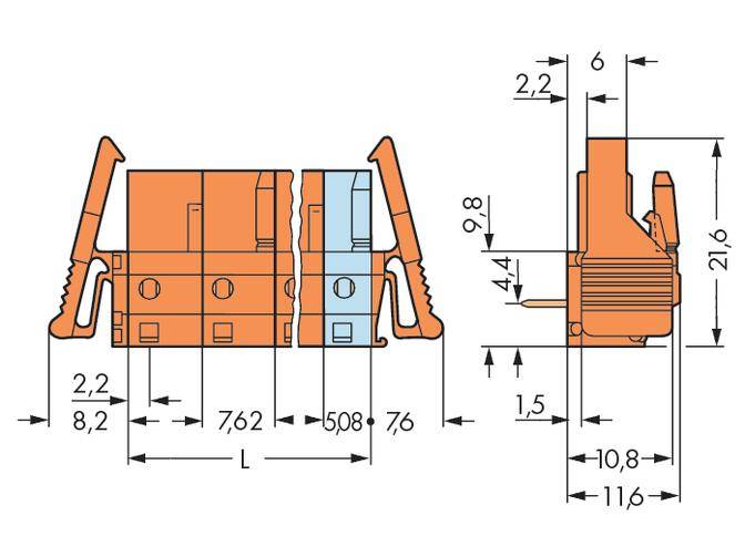 Technical drawing of a connector with dimensions in millimetres, showing perspective and side view as well as width and height.