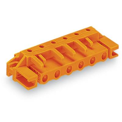 Orange multi-pin connector with five connection points, side cable entry, and upper openings for screws or clamps.