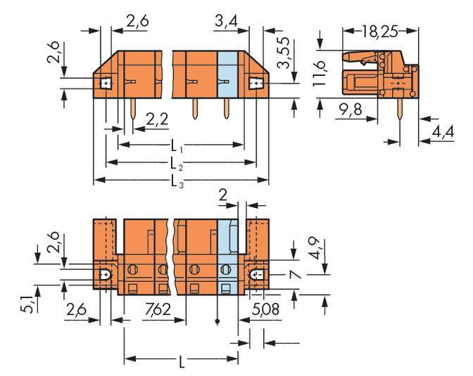 Technical drawing of a connector with detailed dimensions in millimetres. Shows side and top view with dimension lines.