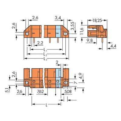 Technical drawing of a connector with detailed dimensions in millimetres. Shows side and top view with dimension lines.