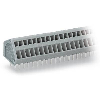 Grey, rectangular plug-in module with multiple rows of slots and protruding pins on the underside, used in electronics.