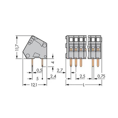 Technical drawing of an electrical connector with detailed dimensions; height: 11.7 mm, width: 12.1 mm, pin spacing: 5 mm.