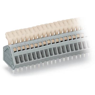 Row of grey and beige terminal blocks in a structured arrangement, used for electrical connections and circuits.