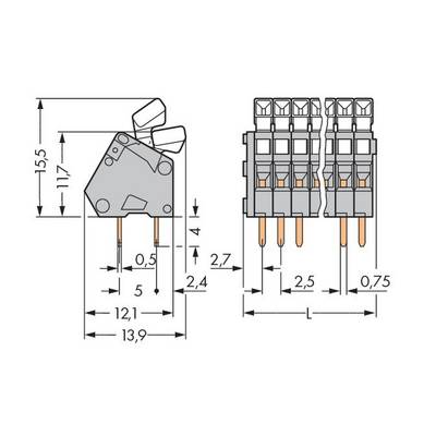 Diagram of an electrical switch with measurements. Shows front view and side perspective with detailed dimensions.