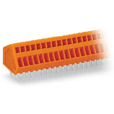 An orange electrical connector element with multiple slots and silver contact pins, slightly angled in perspective.
