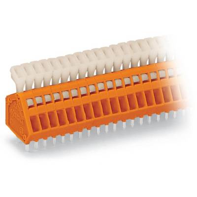 An orange and white multi-pin connector strip used for electronic applications.