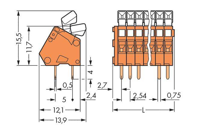 Technical drawing of an electrical connector with dimensions in millimetres for mounting and connection details.