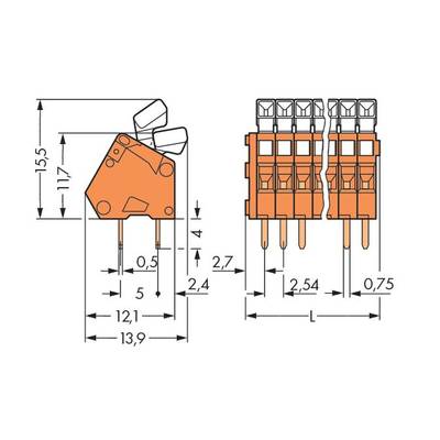 Technical drawing of an electrical connector with dimensions in millimetres for mounting and connection details.