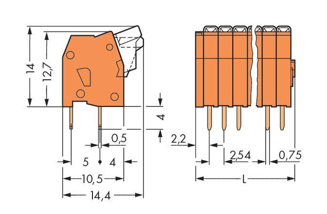 Technical drawing of a connector with dimensions in millimetres: total height 14, width 14.4 and pin spacing 2.54.