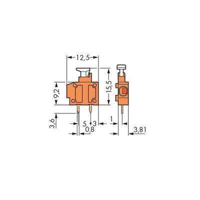 Drawing of a microswitch with dimensions in millimetres: width 12.5, height 9.2, depth 5.3. Side view shows height 15.5. Dimensions clarify the design.
