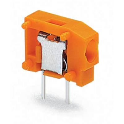 Orange electrical connector with two metal pins in a rectangular shape.