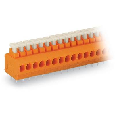 An orange electrical connector with multiple terminals and white levers. Suitable for printed circuit board mounting.