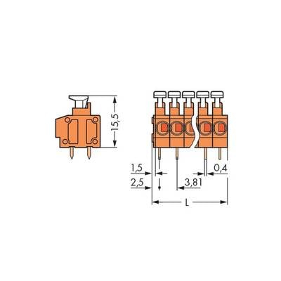 Technical drawing of an orange connector with four terminals. Dimensions and spacing indicated in millimetres.