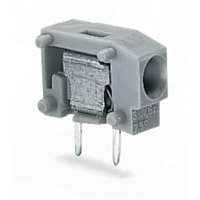 A grey electronic connector with two metal pins and a rectangular housing, suitable for electrical connections.