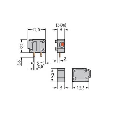 Electronic circuit diagram of a component with dimensions: 12.5 x 9.2 x 3.6 mm. Top view and side view showing pin spacings.