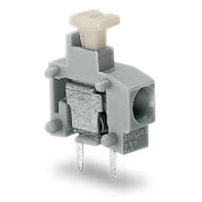A grey micro switch with a lever and two metal pins for electrical connection. Suitable for 2.5D applications.<br><br>Note: This translation maintains the technical terminology and uses standard British English spelling and phrasing.