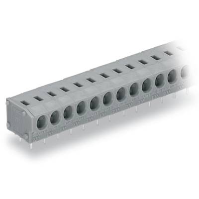Grey electrical connector block with multiple connection ports and small metal pins on the underside.