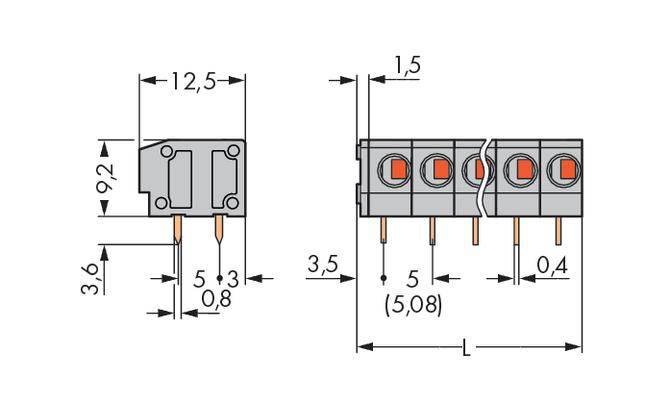 Technical drawing of a connector with dimensions: 12.5 mm width, 9.2 mm height, 3.6 mm depth. Six connection points are shown.