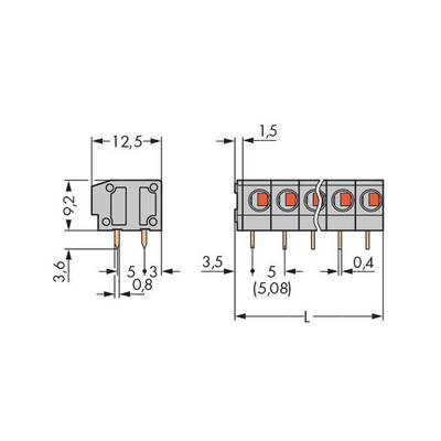 Technical drawing of a connector with dimensions: 12.5 mm width, 9.2 mm height, 3.6 mm depth. Six connection points are shown.