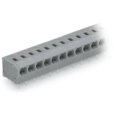 Grey, rectangular connector module with multiple square sockets and connection pins at the bottom.