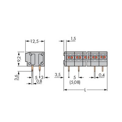 'Technical drawing of a connector with dimensions: 12.5 mm width, 9.2 mm height, 3.6 mm length. Contact spacing 5/3/0.8 mm.'