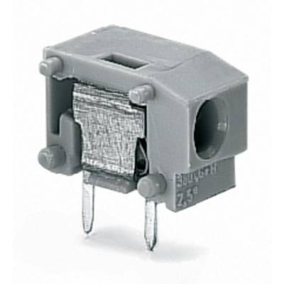 Grey electrical connector with two metal pins, suitable for printed circuit board mounting.