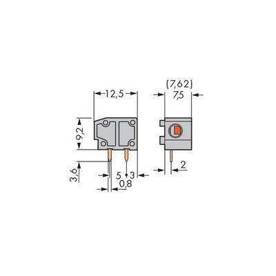 Illustration of a connector with dimensions: Width 12.5mm, Height 9.2mm, Connector spacing 7.62mm. Connection height 36mm, Width 5mm.