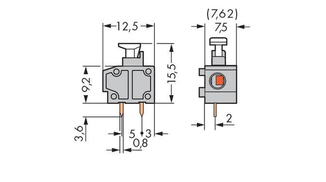 Figure of a push-button switch with detailed dimensions in millimetres: height 9.2, width 12.5, depth 7.5. Pin spacings: 5.3 and 0.8.
