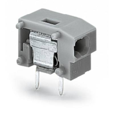 Grey electrical component connector with two metal pins on the underside, used for connecting circuit components.