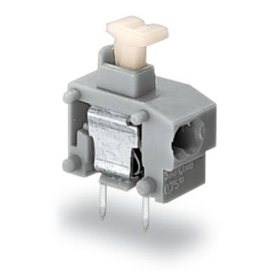 A grey, rectangular electrical changeover switch with two metal pins for installation in a device.