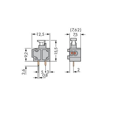 Technical drawing of a switch with dimensions: width 12.5 mm, height 15.5 mm, depth 7.62 mm, pin spacings indicated.