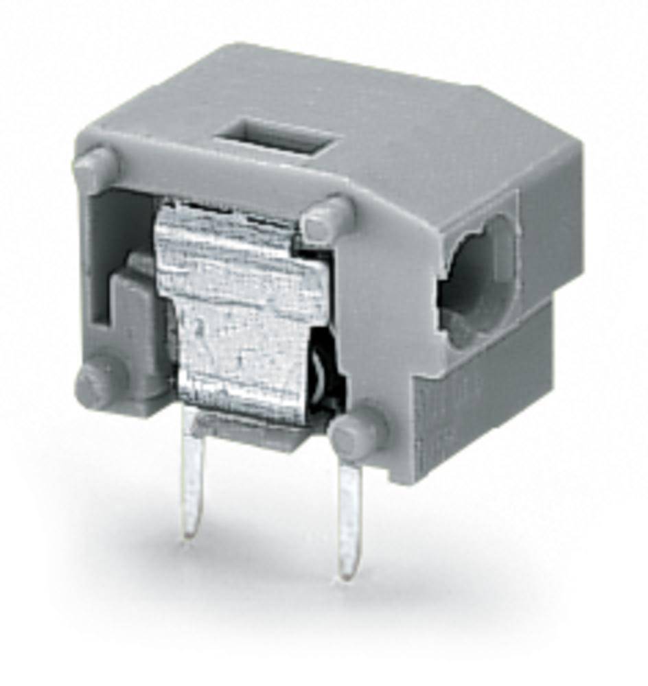 Grey electronic component with two metal pins at the bottom, plastic casing, and rectangular shape.