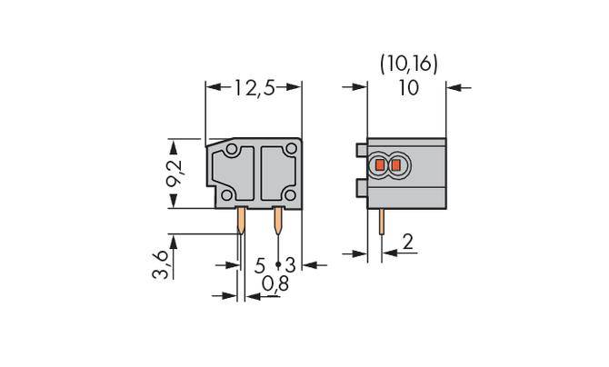 Technical drawing of an electronic component with dimensions: height 9.2 mm, width 12.5 mm, depth 5 + 3 mm and distances 3.6 mm, 0.8 mm.