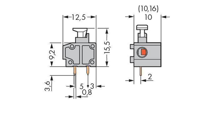 Drawing of a switch with dimensions: width 12.5 mm, height 15.5 mm. Pin spacings 5 mm and 2 mm. Side view shows insertion depth of 10 mm.