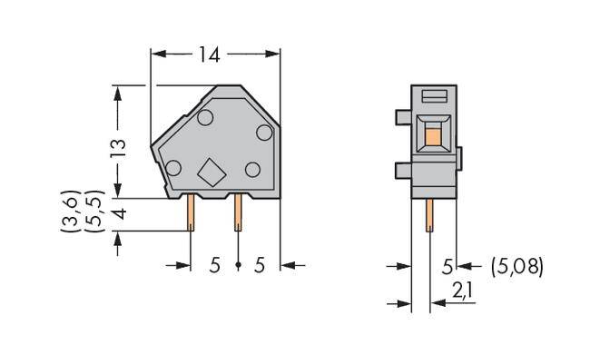 Technical drawing of a rectangular electrical component with dimensions: width 14 mm, height 13 mm, connection spacing 5 mm.