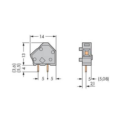 Technical drawing of a rectangular electrical component with dimensions: width 14 mm, height 13 mm, connection spacing 5 mm.