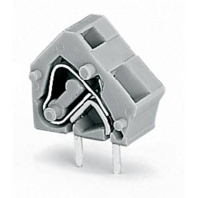 Grey connector with two metal pins for PCB mounting. The connector has a slightly triangular shape.