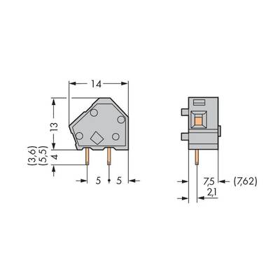 Technical drawing of a rectangular component with electrical connections. Dimensions: Height 13 mm, Width 14 mm, Depth 7.5 mm.