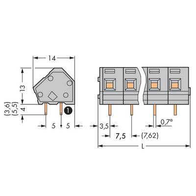 'Drawing of two connectors with dimensions: height 13 mm, width 14 mm, pin spacing 7.5 mm, angle 0.7 degrees.'