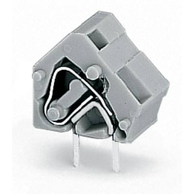 A grey electronic component with two metal pins for mounting on a printed circuit board, likely a connector.