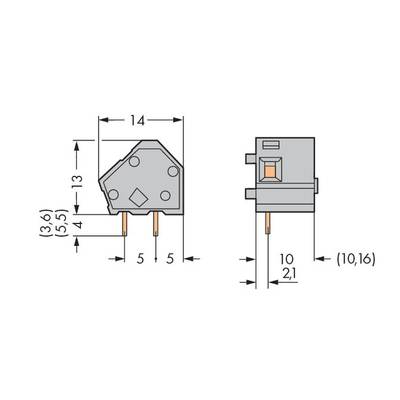 'Illustration of a micro switch with dimensions: width 14 mm, height 13 mm, depth 10 mm. Pin spacing 5 mm. Side view and front view shown.'