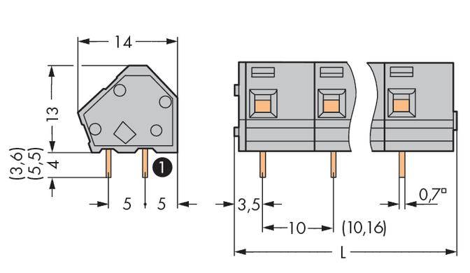 Technical drawing of an electrical connector with dimensions: height 13 mm, width 14 mm, pin spacing 10 mm.
