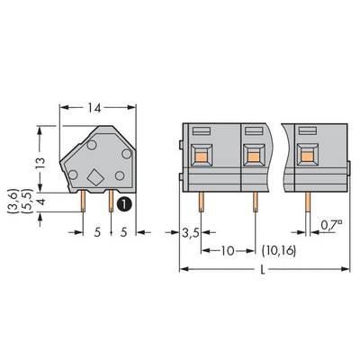 Technical drawing of an electrical connector with dimensions: height 13 mm, width 14 mm, pin spacing 10 mm.