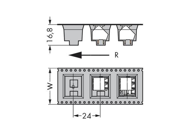 Diagram of an electronic component with dimensions 16.8 mm height and 24 mm width. Shows front and side view. Directional arrow pointing to the right.