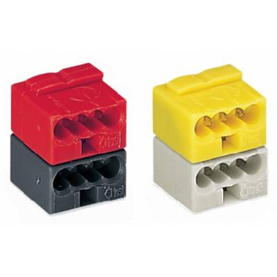 Two plastic plug connectors, red and yellow, each with three openings, mounted on black and grey bases, for cable connections.