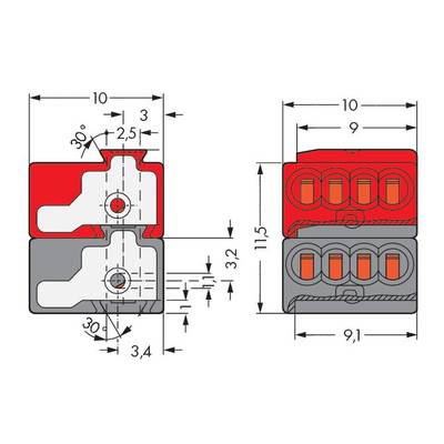 'Dimensions and technical drawing of a terminal block: left side cross-sectional view, right side top view with dimensional specifications.'