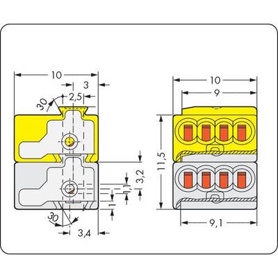 Circuit diagram of an electrical terminal block with dimensional specifications: width 30 mm, height 11.5 mm, showing internal contact points and spacing.