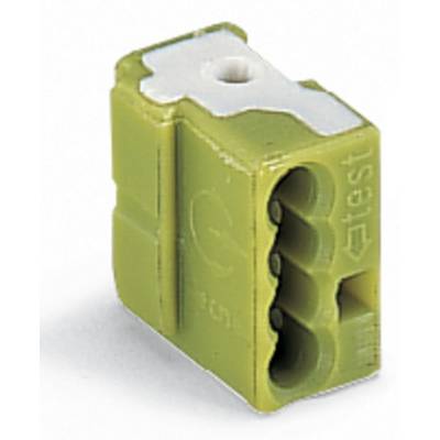 Green electrical connector block with four terminals and a white detail on top, suitable for connecting wires.